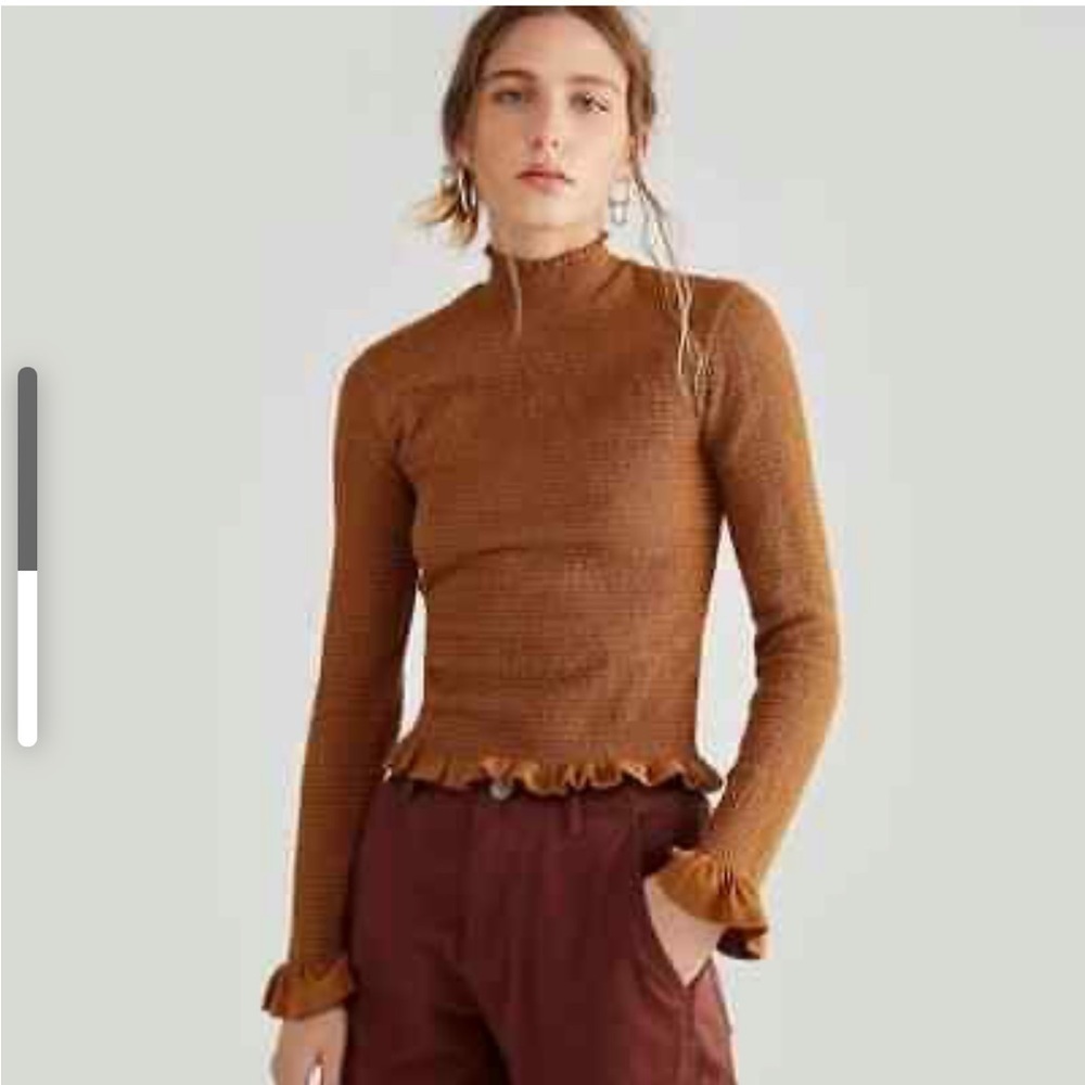 Nation LTD Emmy Smocked Turtleneck Top Cocoa Long Sleeve Ruffle Shirt Fall Sz L